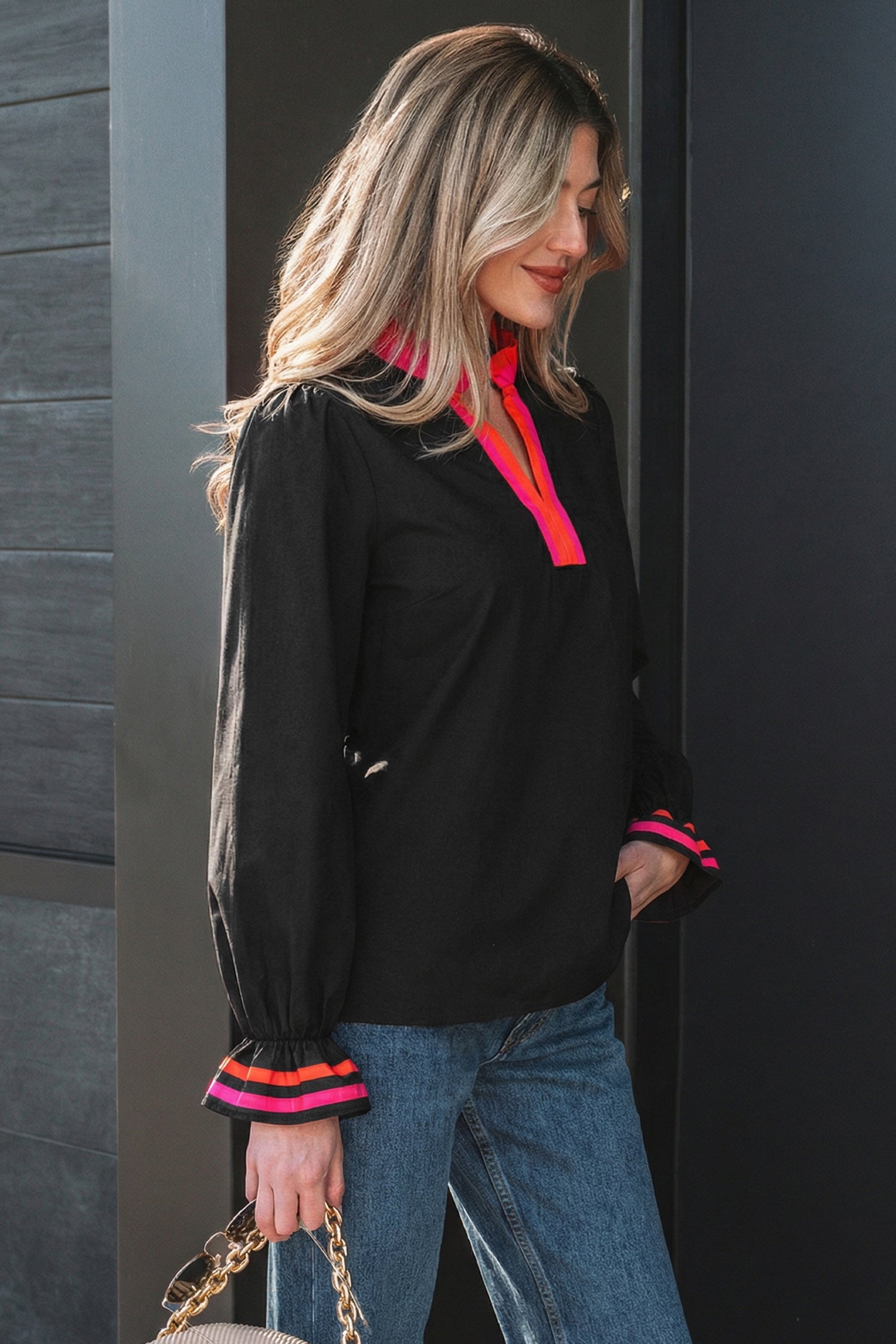 Black Striped Trim Ruffle Split Neck Long Sleeve Blouse-Tops/Blouses & Shirts-[Adult]-[Female]-2022 Online Blue Zone Planet