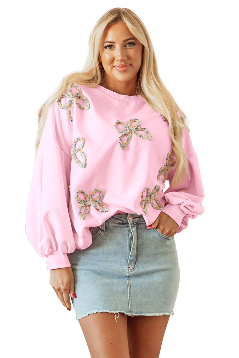 Blue Zone Planet | Light Pink Embroidered Bow Lantern Sleeve Oversized Pullover Sweatshirt-Tops/Sweatshirts & Hoodies-[Adult]-[Female]-2022 Online Blue Zone Planet