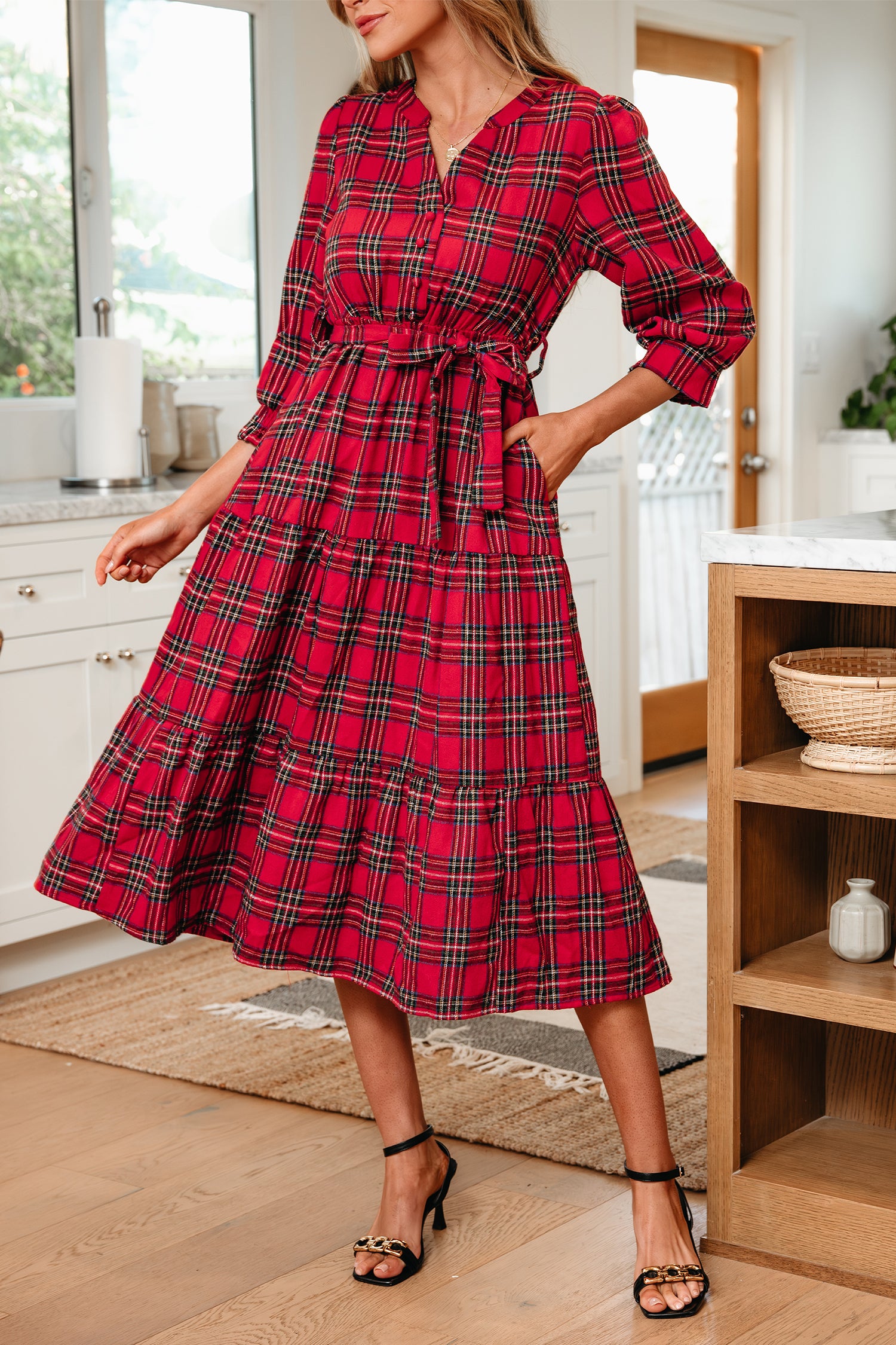 Red Christmas Plaid V Neck 3/4 Sleeve Tie Waist Ruffle Hem Long Dress-TOPS / DRESSES-[Adult]-[Female]-2022 Online Blue Zone Planet
