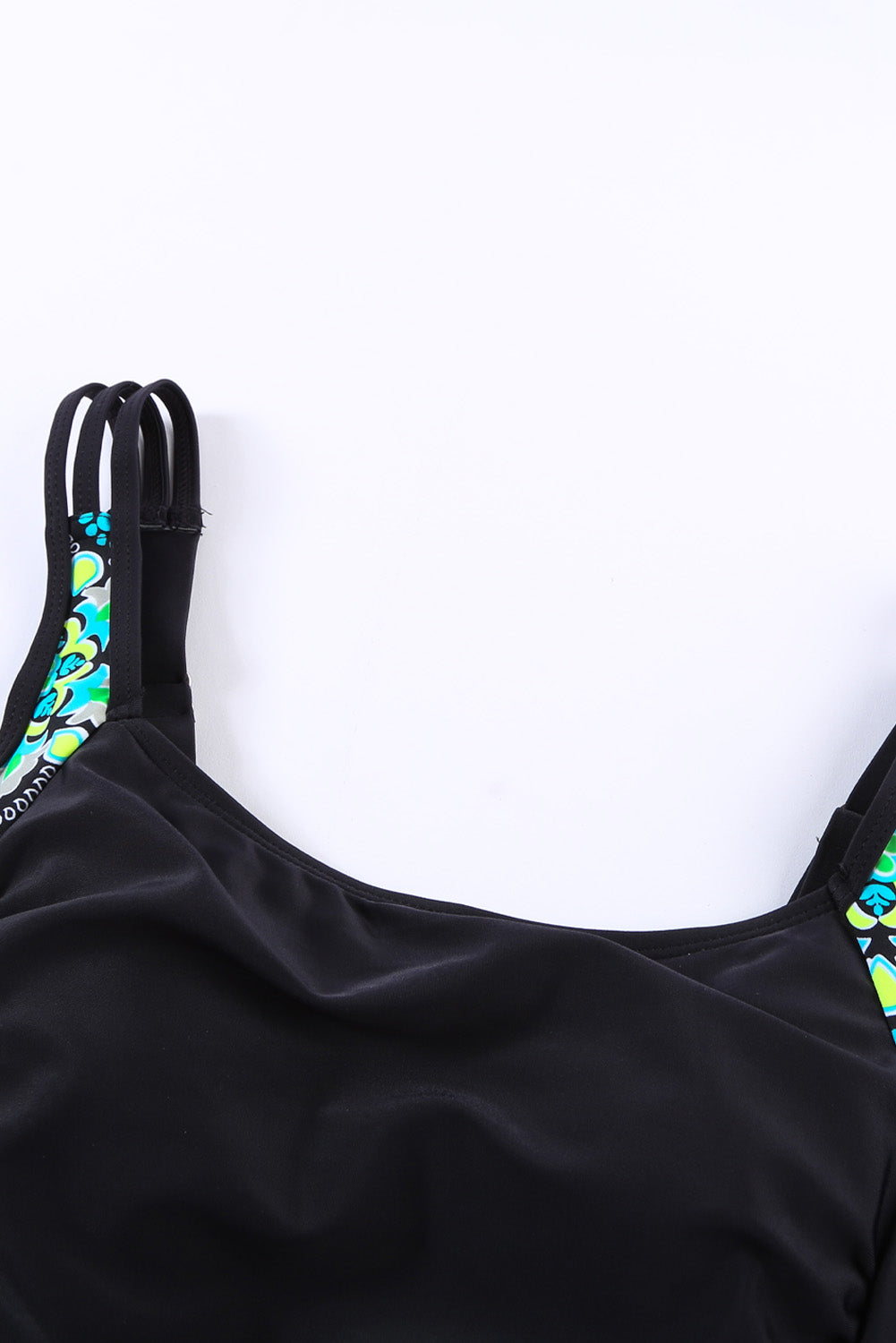 Blue Zone Planet |  Black Floral Trim Ruched Tummy Control One Piece Swimdress Blue Zone Planet