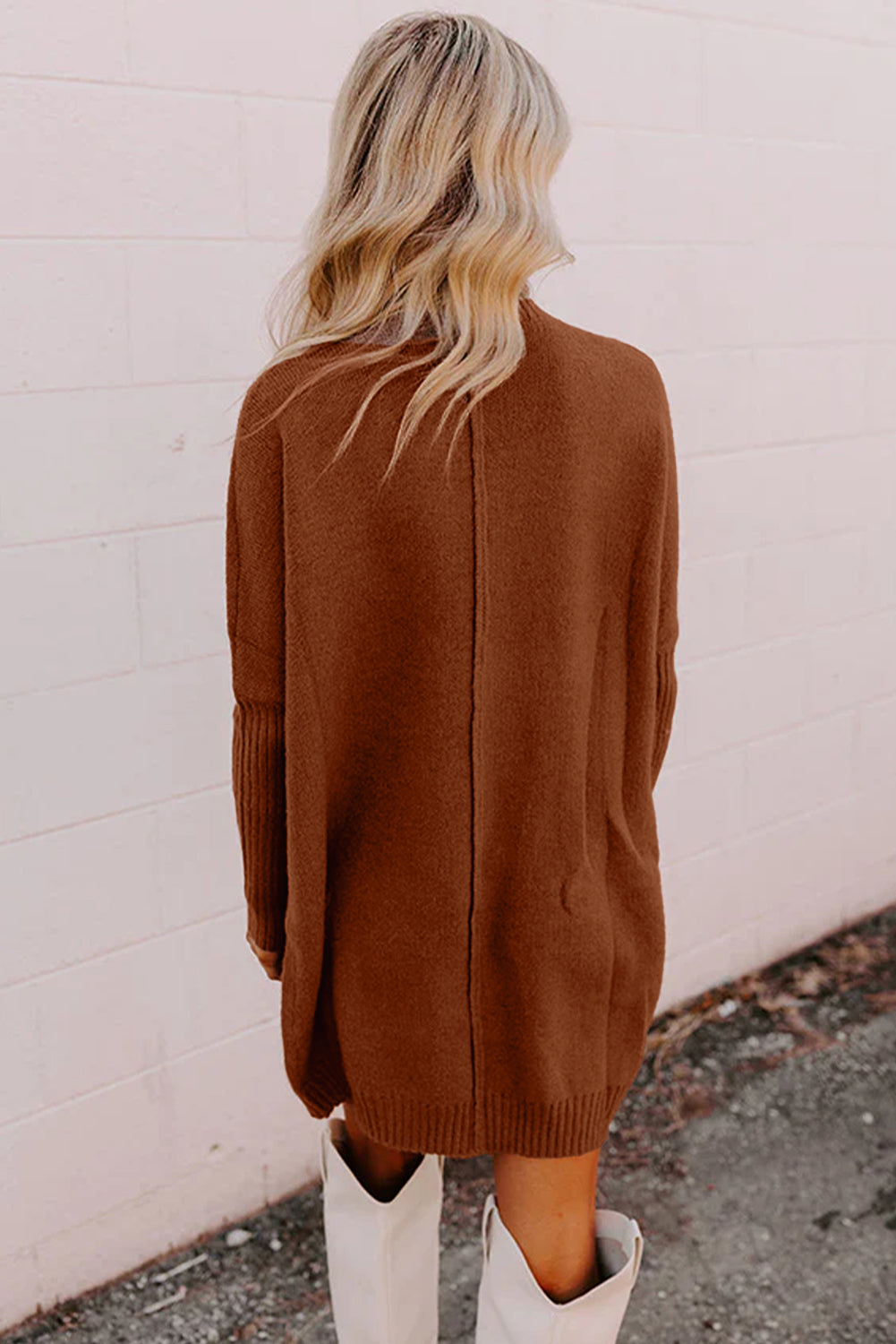 Chestnut Ribbed High Neck Front Pockets Center Seam Shift Sweater Dress-Sweaters & Cardigans/Sweater Dresses-[Adult]-[Female]-2022 Online Blue Zone Planet