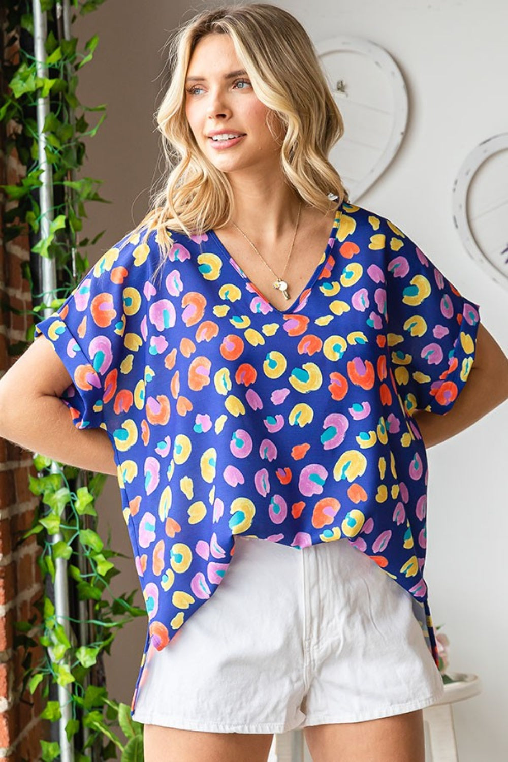 Blue Zone Planet | First Love Printed V-Neck Short Sleeve Blouse-TOPS / DRESSES-[Adult]-[Female]-2022 Online Blue Zone Planet