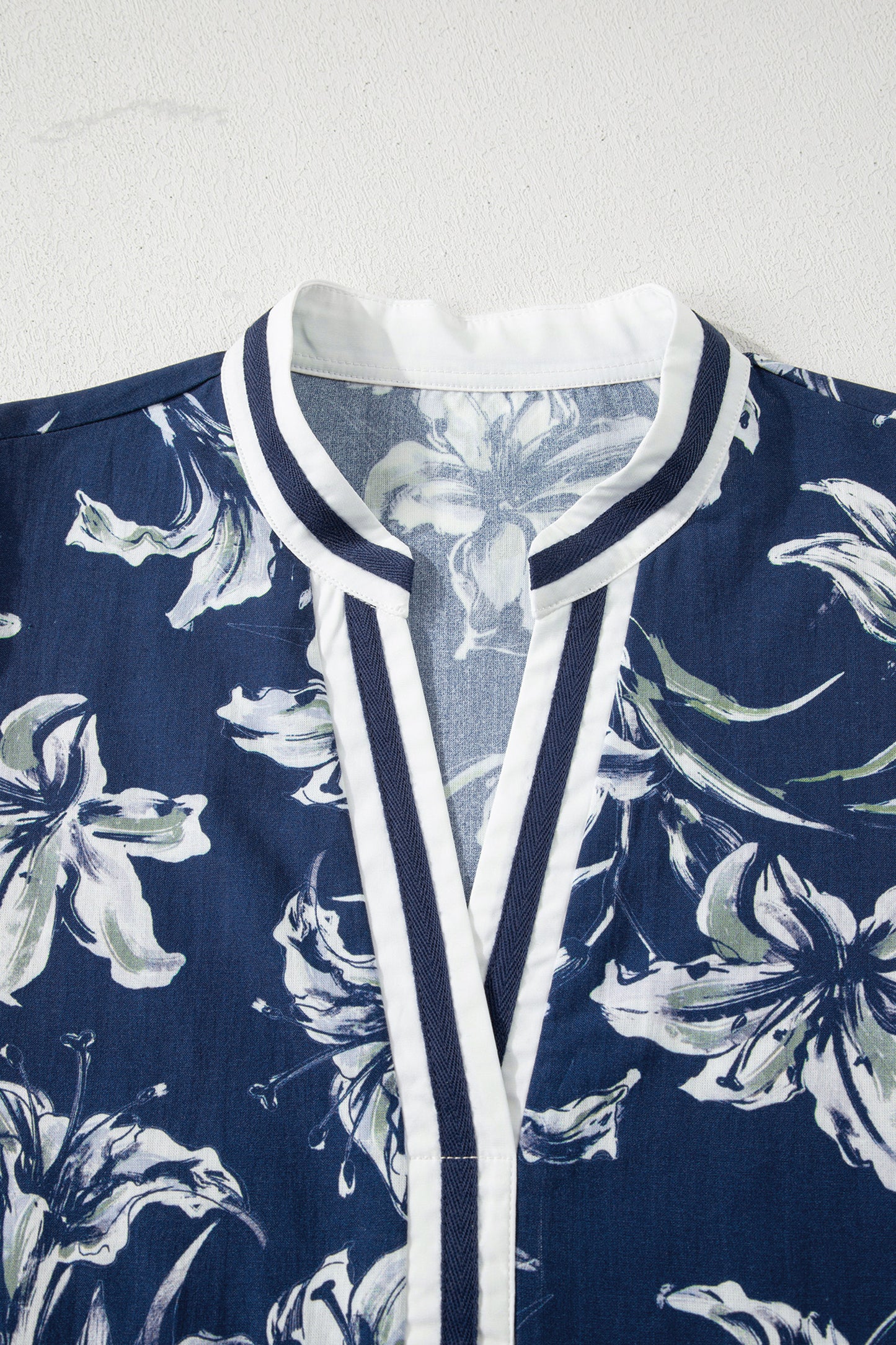 Blue Floral Print Short Puff Sleeve Striped Trim V Neck Blouse-Tops/Blouses & Shirts-[Adult]-[Female]-2022 Online Blue Zone Planet