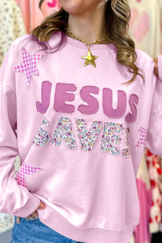 Pink JESUS SAVES Gingham Star Patchwork Detail Plus Size Sweatshirt-Plus Size/Plus Size Sweatshirts & Hoodies-[Adult]-[Female]-Pink-1X-2022 Online Blue Zone Planet