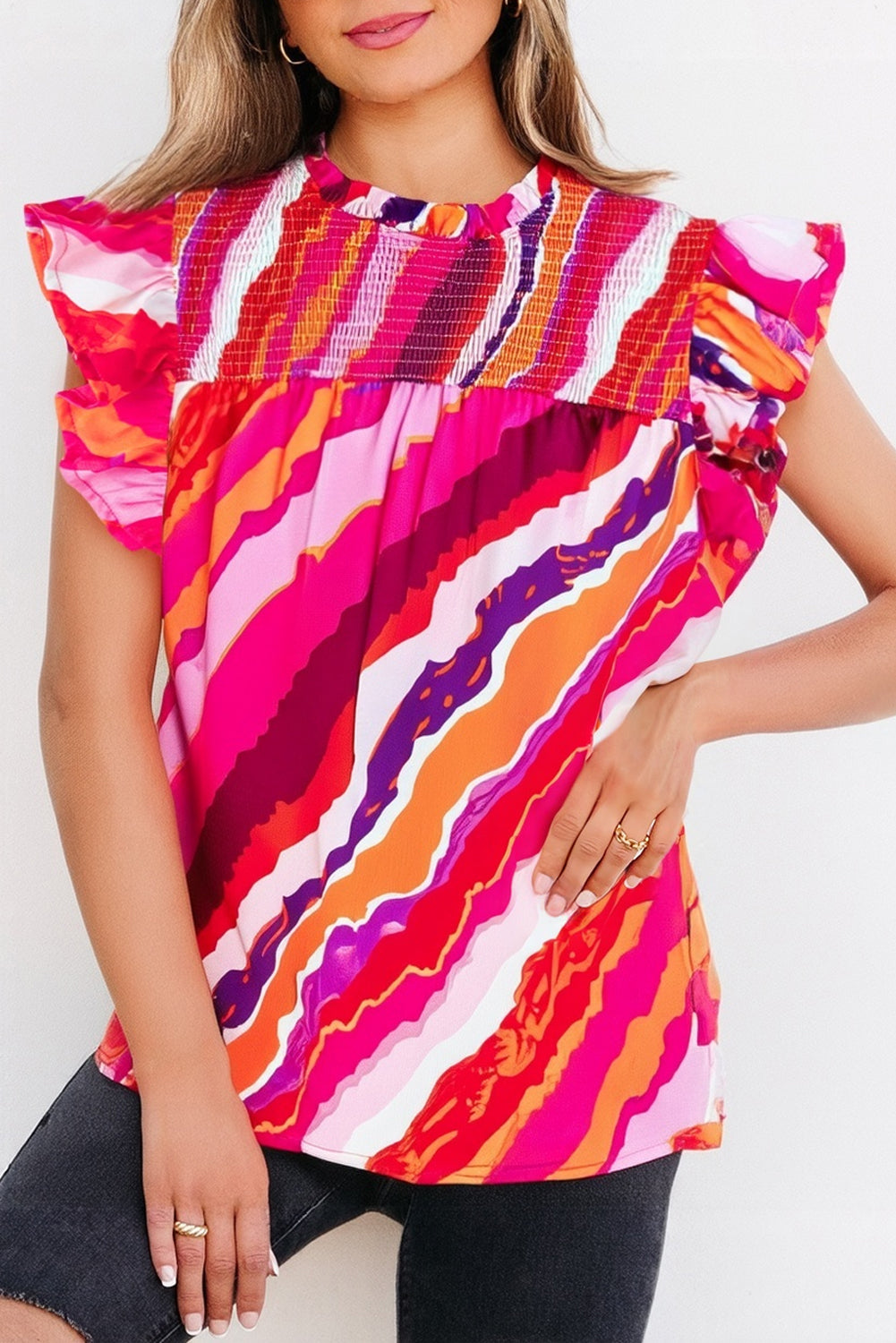 Rose Abstract Print Shirred Yoke Ruffled Blouse-Tops/Blouses & Shirts-[Adult]-[Female]-2022 Online Blue Zone Planet