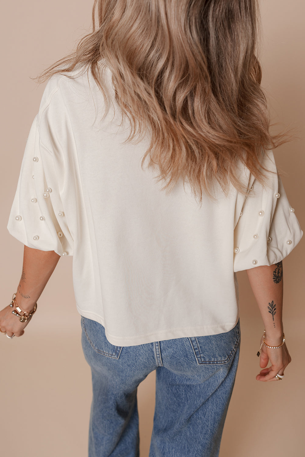 White Pearled Puff Sleeve Round Neck Loose Top-Tops/Blouses & Shirts-[Adult]-[Female]-2022 Online Blue Zone Planet