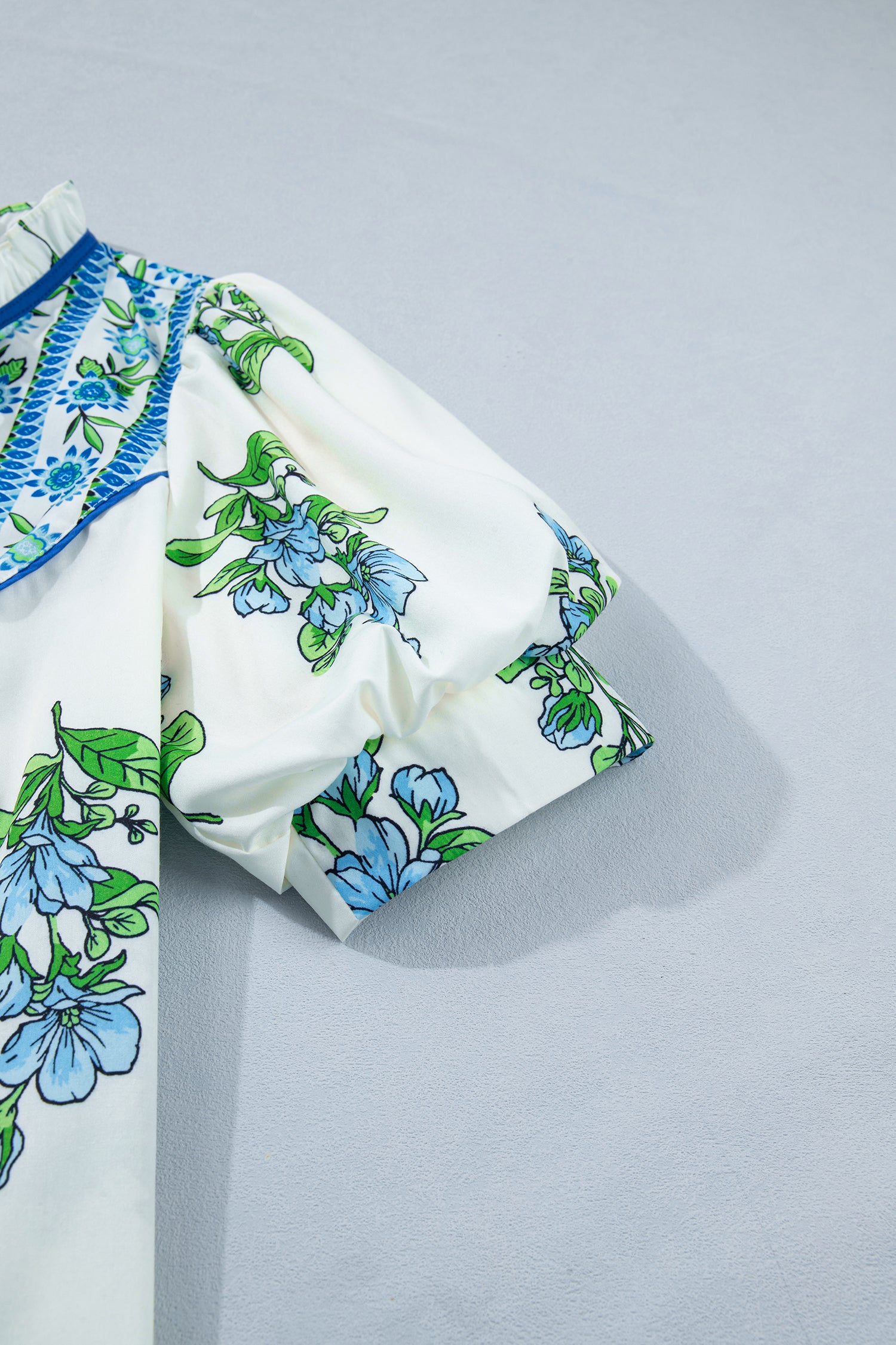 White Floral Print Contrast Trim Tie Neck Blouse-Tops/Blouses & Shirts-[Adult]-[Female]-2022 Online Blue Zone Planet