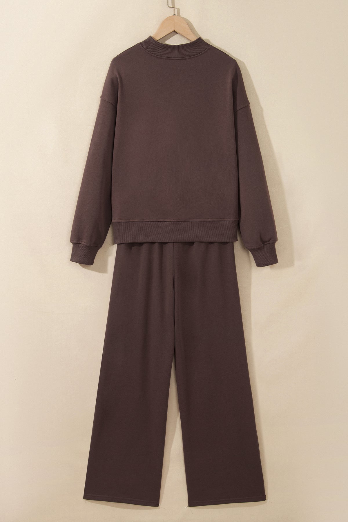 Coffee Solid Color Piping Trim Mock Neck Pullover Drawstring Pants Set-Two Piece Sets/Pant Sets-[Adult]-[Female]-2022 Online Blue Zone Planet
