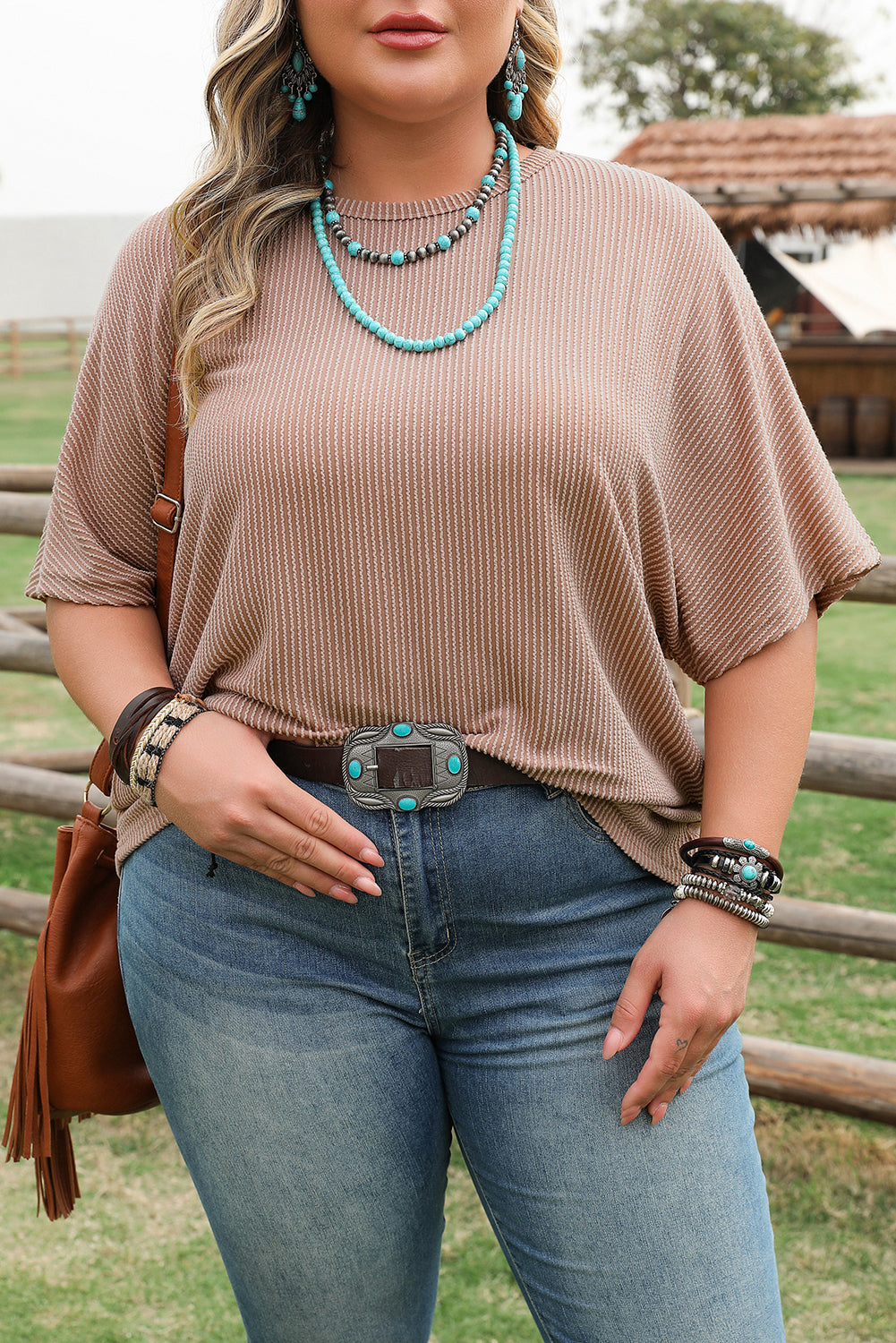 Smoke Gray Ribbed Striped Crew Neck Plus Size Knit T Shirt-Plus Size/Plus Size Tops/Plus Size Tops & Tees-[Adult]-[Female]-2022 Online Blue Zone Planet