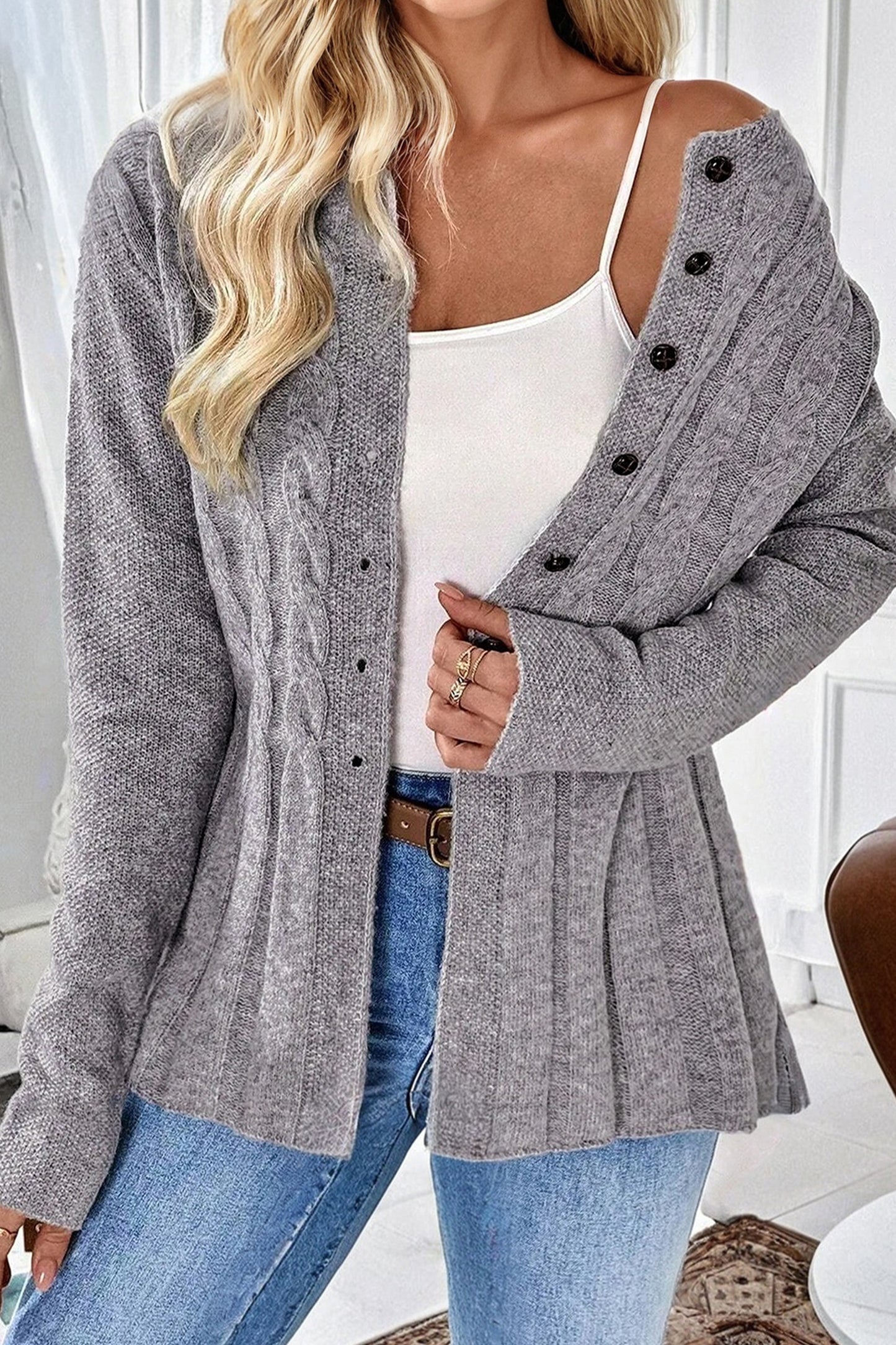 High Cable Knit Cardigan Sweater-Sweaters & Cardigans/Cardigans-[Adult]-[Female]-2022 Online Blue Zone Planet