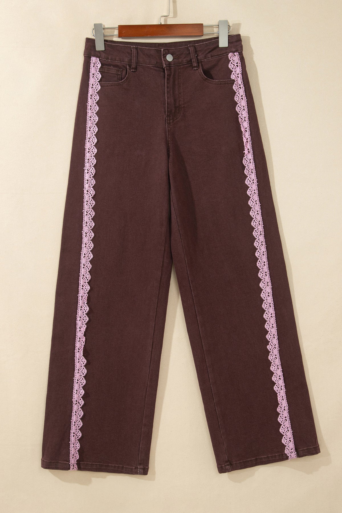Coffee Lace Trim Casual Full-Length Regular Fit Jeans-Bottoms/Jeans-[Adult]-[Female]-2022 Online Blue Zone Planet