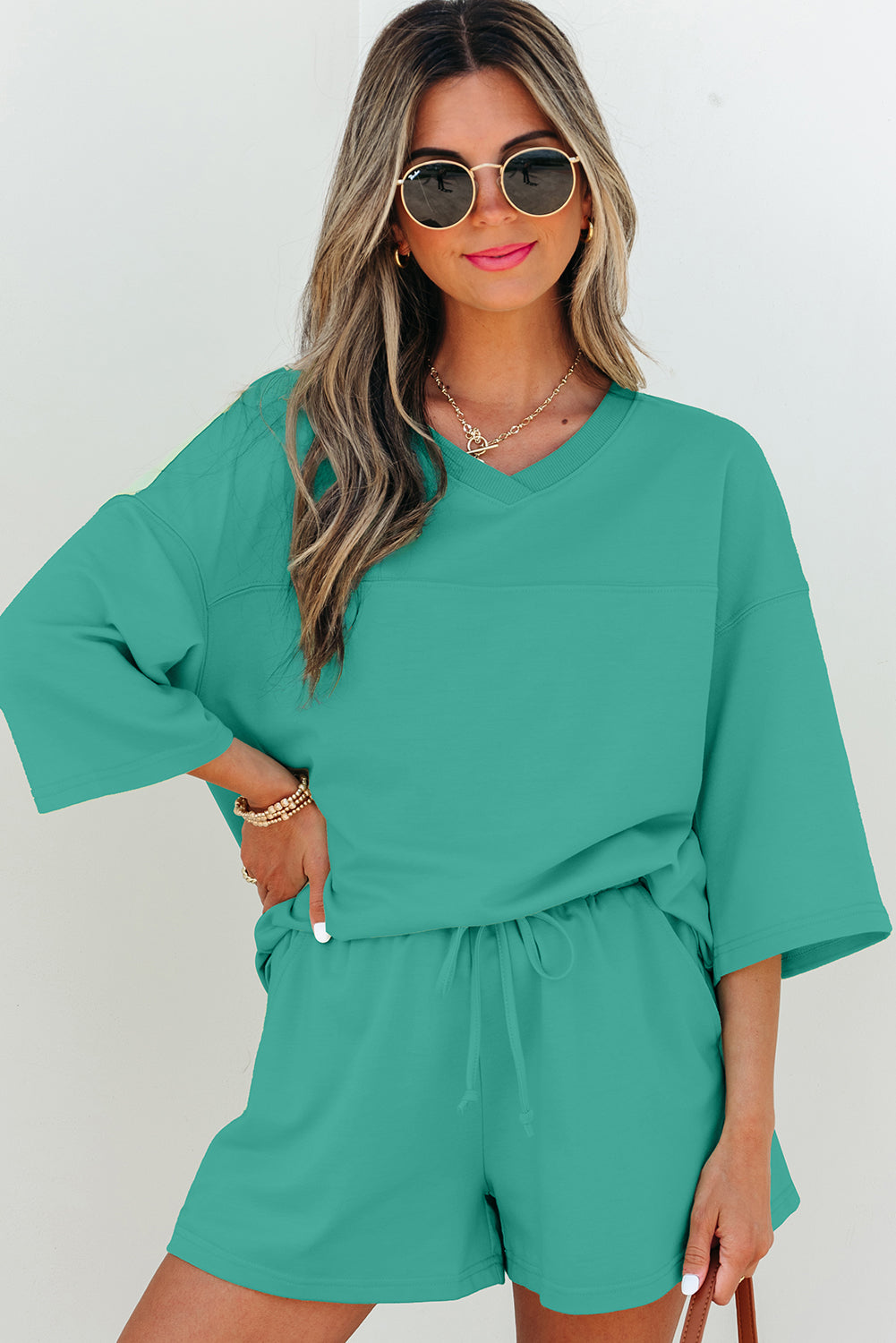 Sea Green Solid Loose V Neck Half Sleeve Tee and Shorts-Two Piece Sets/Short Sets-[Adult]-[Female]-2022 Online Blue Zone Planet