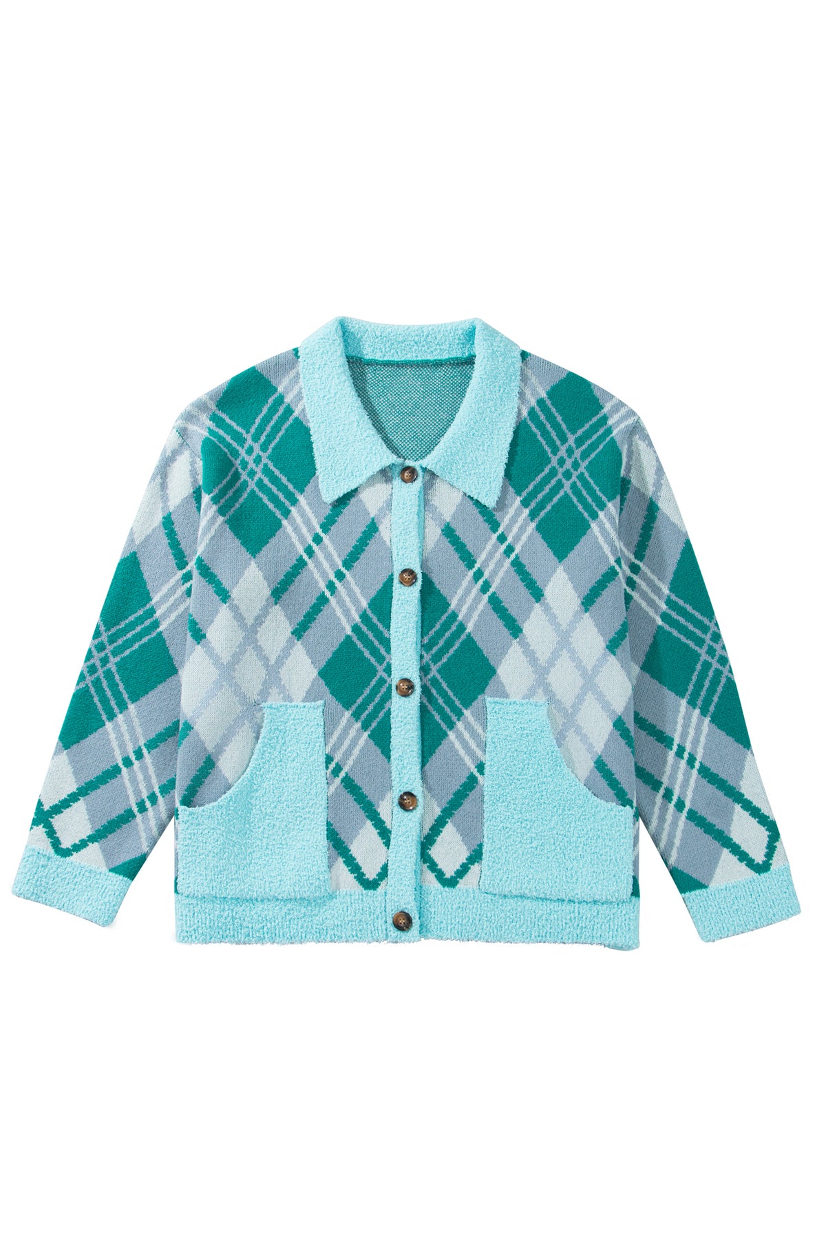 Green Plaid V Neck Long Sleeve Shift Cardigan Sweater-TOPS / DRESSES-[Adult]-[Female]-2022 Online Blue Zone Planet