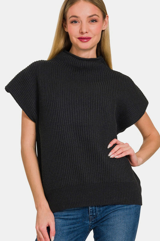Zenana Short Sleeve Mock Neck Sweater-TOPS / DRESSES-[Adult]-[Female]-Black-S-2022 Online Blue Zone Planet