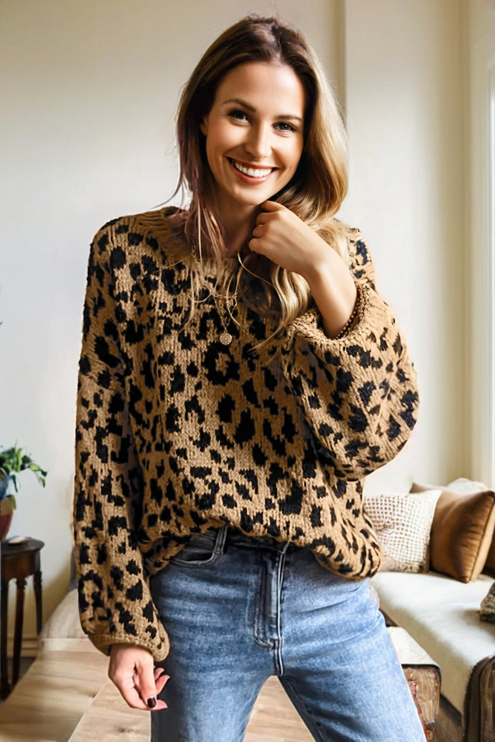 Light French Beige Ribbed Trim Round Neck Leopard Drop Shoulder Sweater-Sweaters & Cardigans/Sweaters-[Adult]-[Female]-2022 Online Blue Zone Planet