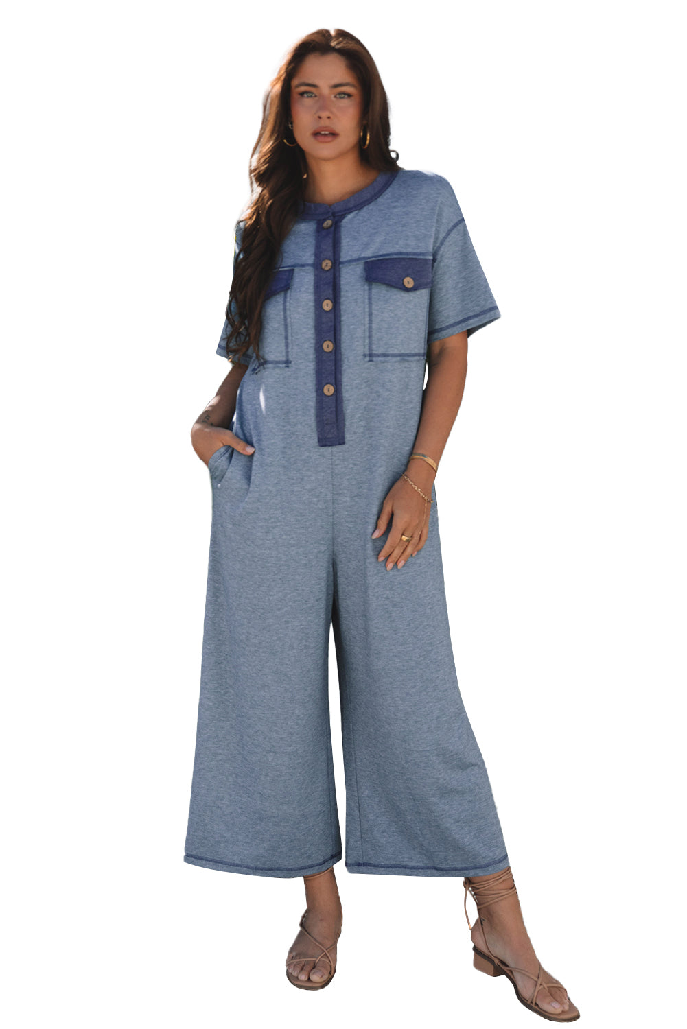 Beau Blue Half Placket Chest Pockets Short Sleeve Wide Leg Jumpsuit-Bottoms/Jumpsuits & Rompers-[Adult]-[Female]-2022 Online Blue Zone Planet