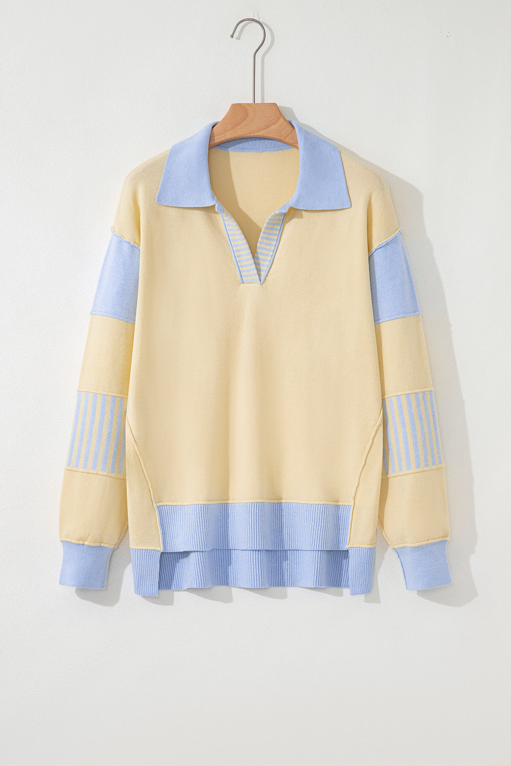 Sky Blue Stripe Contrasting Polo Collar Color Block Knit Drop Shoulder Sweater-TOPS / DRESSES-[Adult]-[Female]-2022 Online Blue Zone Planet