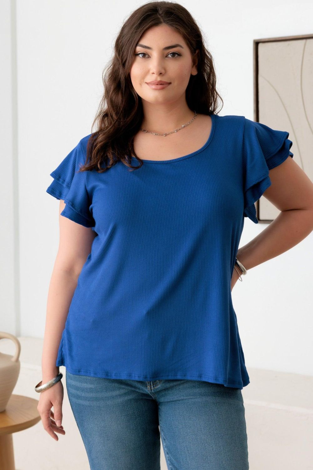 Gilli Plus Size Short Fluttery Sleeve Round Neck Top-TOPS / DRESSES-[Adult]-[Female]-Royal Blue-1XL-2022 Online Blue Zone Planet