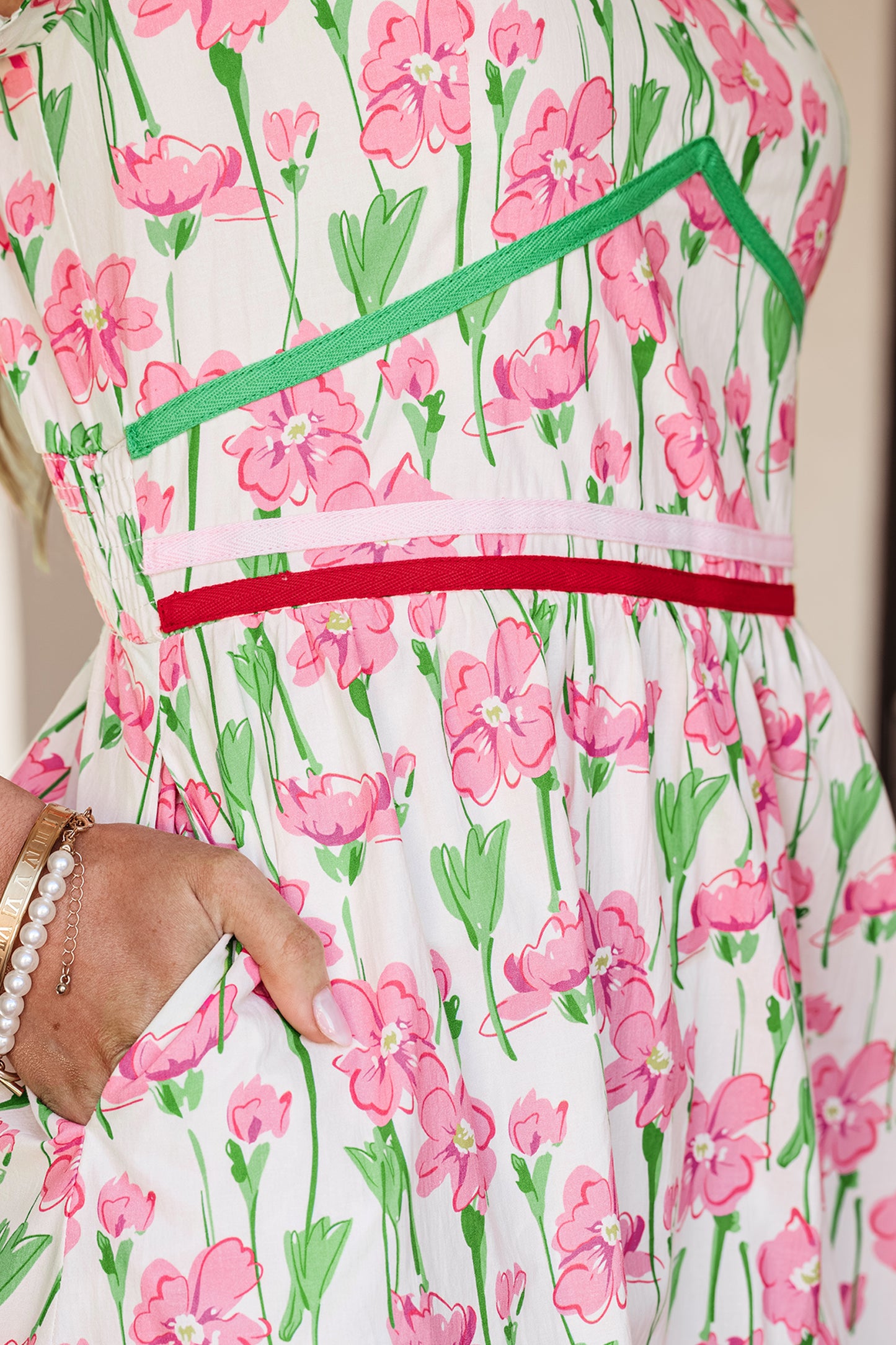 Pink Floral Print Contrast Trim V Neck Short Sleeve Elegant Midi Dress-TOPS / DRESSES-[Adult]-[Female]-2022 Online Blue Zone Planet