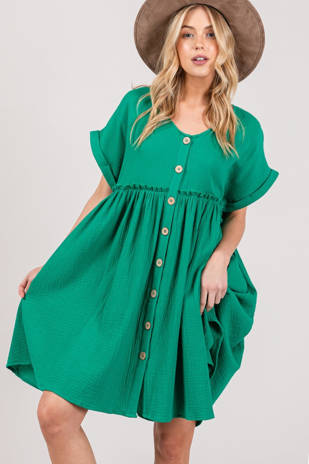 SAGE + FIG Full Size Button Up Short Sleeve Dress-TOPS / DRESSES-[Adult]-[Female]-Kelly Green-S-2022 Online Blue Zone Planet