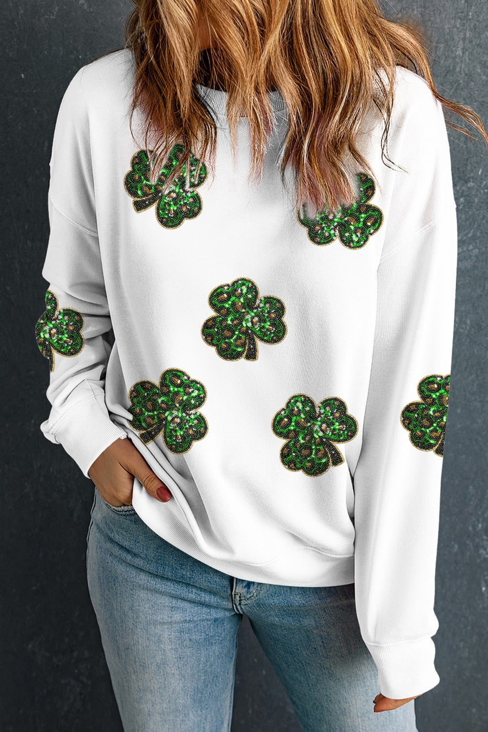 Sequin Lucky Clover Long Sleeve Sweatshirt-TOPS / DRESSES-[Adult]-[Female]-White-S-2022 Online Blue Zone Planet