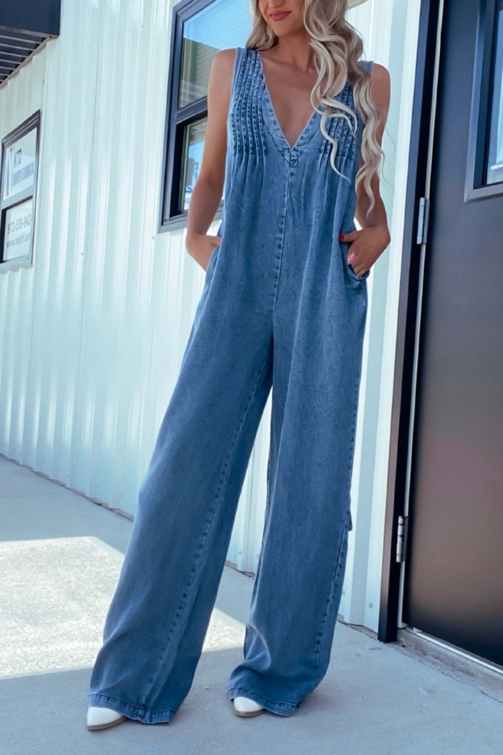 V-Neck Wide Leg Denim Jumpsuit-BOTTOM SIZES SMALL MEDIUM LARGE-[Adult]-[Female]-2022 Online Blue Zone Planet