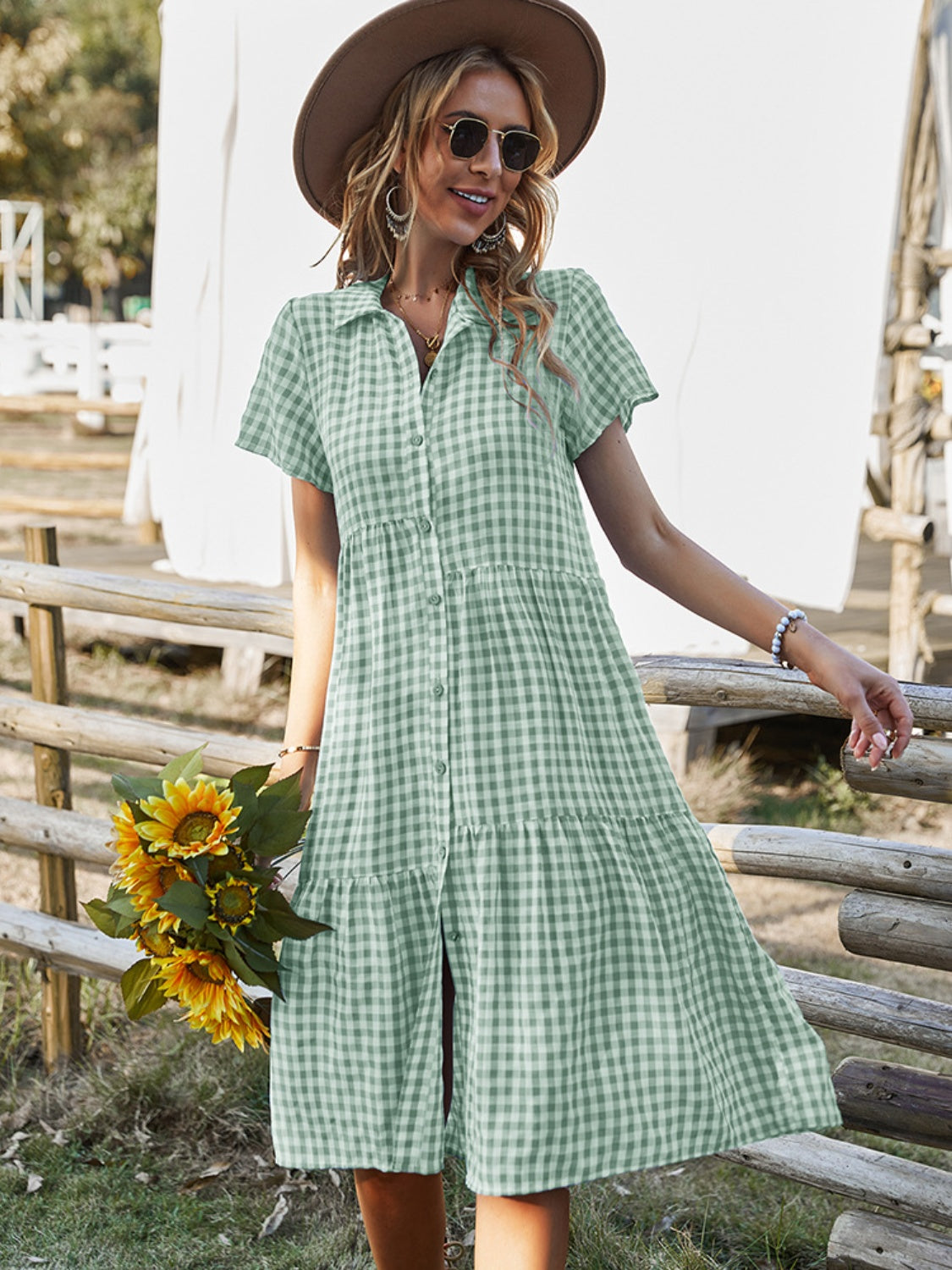 Blue Zone Planet | Button Up Plaid Short Sleeve Midi Dress-TOPS / DRESSES-[Adult]-[Female]-Gum Leaf-S-2022 Online Blue Zone Planet