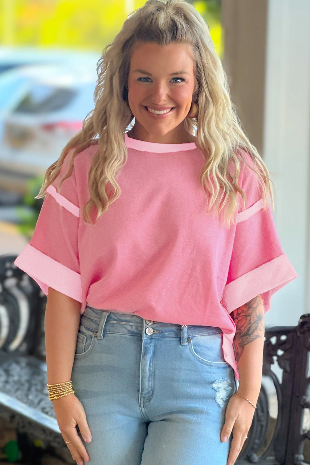 Peach Blossom Two Tones Patchwork Half Sleeve Plus Size T Shirt-Plus Size/Plus Size Tops/Plus Size Tops & Tees-[Adult]-[Female]-2022 Online Blue Zone Planet
