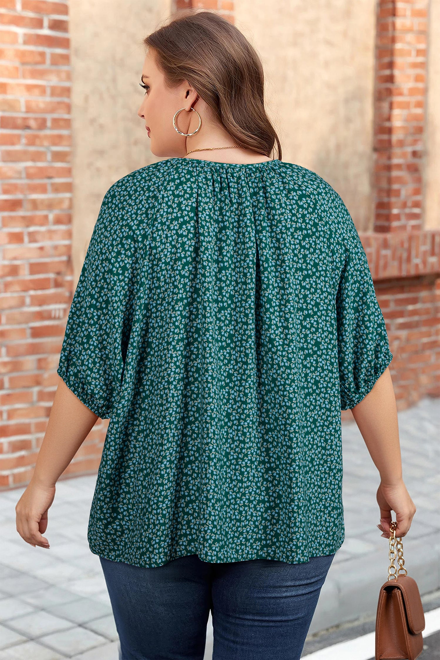 Green Boho Chic Notched V Neck Plus Floral Short Sleeve Top-Plus Size/Plus Size Tops/Plus Size Tops & Tees-[Adult]-[Female]-2022 Online Blue Zone Planet