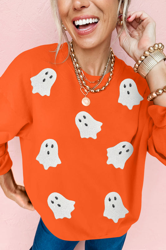Orange Sequin Halloween Ghost Patched Drop Shoulder Sweatshirt-Graphic/Graphic Sweatshirts-[Adult]-[Female]-Orange-S-2022 Online Blue Zone Planet