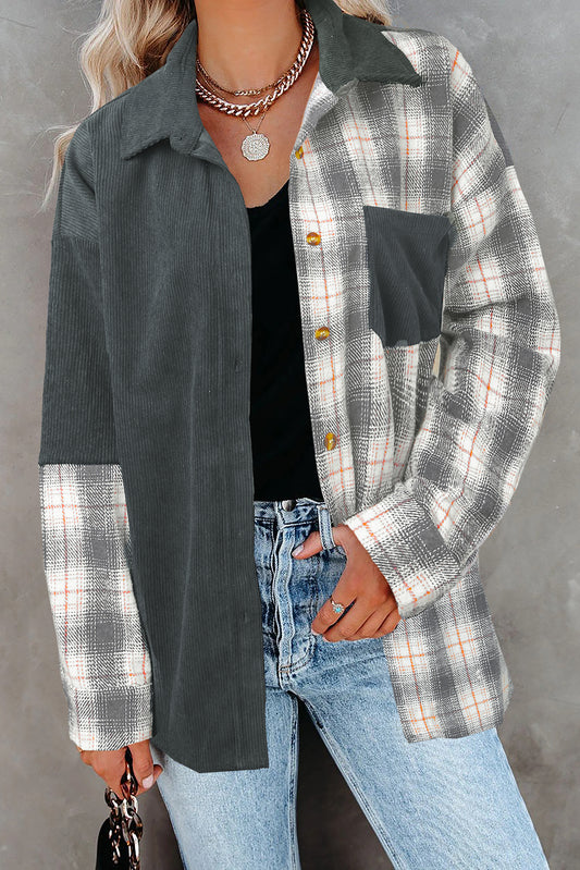 Gray Plaid Color Block Button-up Oversize Corduroy Shacket-Outerwear/Plaid Shackets-[Adult]-[Female]-Gray-S-2022 Online Blue Zone Planet