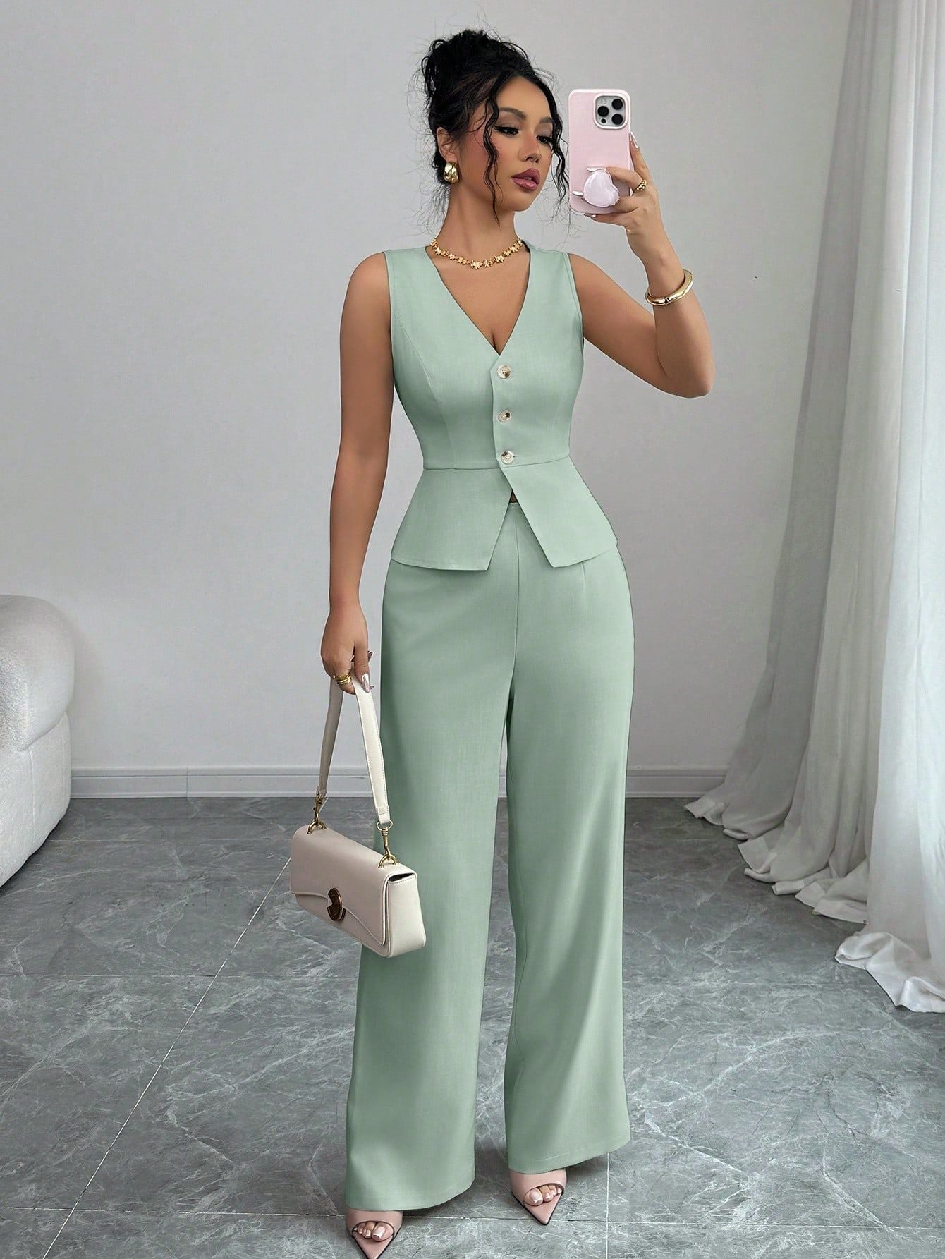A two-piece set of solid color sleeveless slimming waistcoat and high-waisted trousers for women's clothing