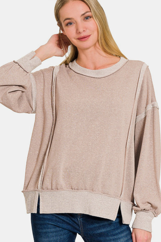 Blue Zone Planet | Zenana Washed Exposed-Seam Sweatshirt-TOPS / DRESSES-[Adult]-[Female]-Ash Mocha-S-2022 Online Blue Zone Planet