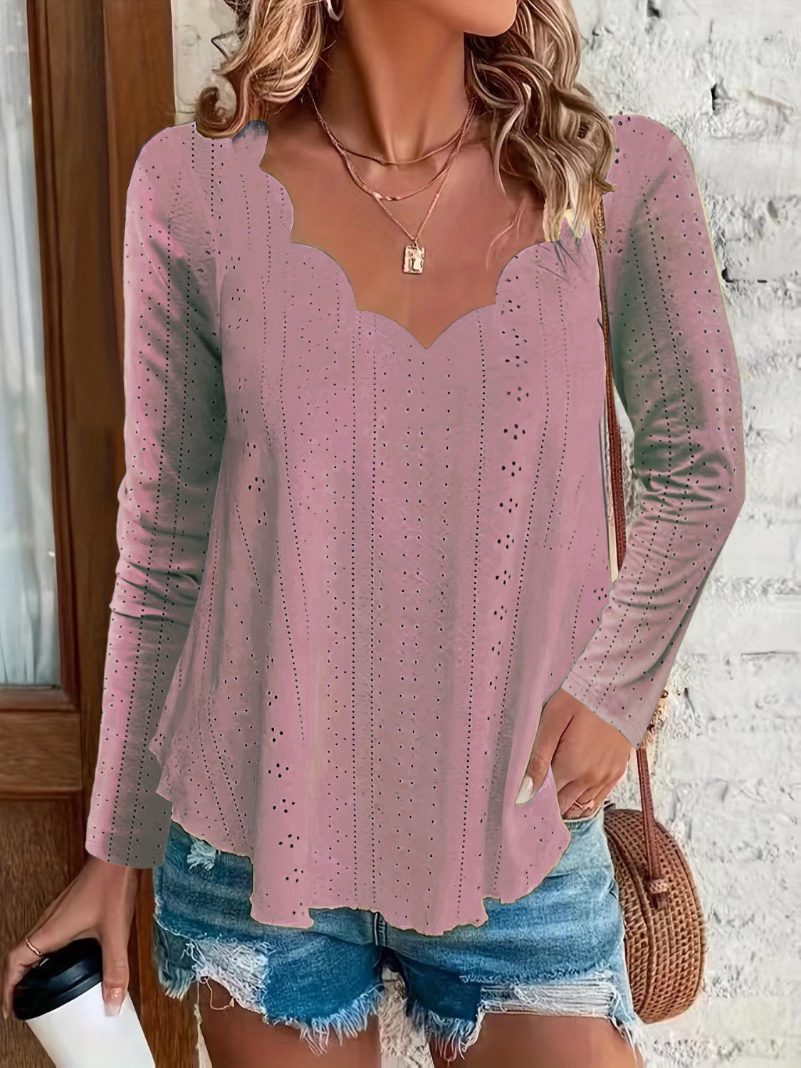 Eyelet Long Sleeve Blouse-TOPS / DRESSES-[Adult]-[Female]-Dusty Pink-S-2022 Online Blue Zone Planet