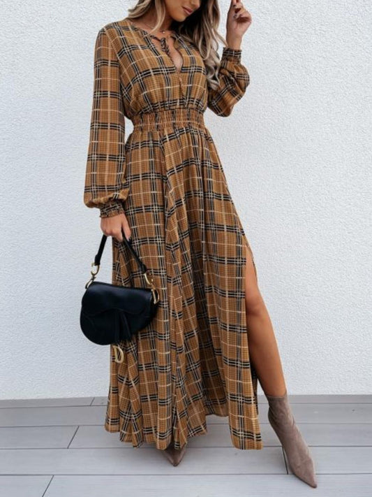 Blue Zone Planet | Ruby's Slit Plaid Tie Neck Long Sleeve Maxi Dress-TOPS / DRESSES-[Adult]-[Female]-Camel-S-2022 Online Blue Zone Planet