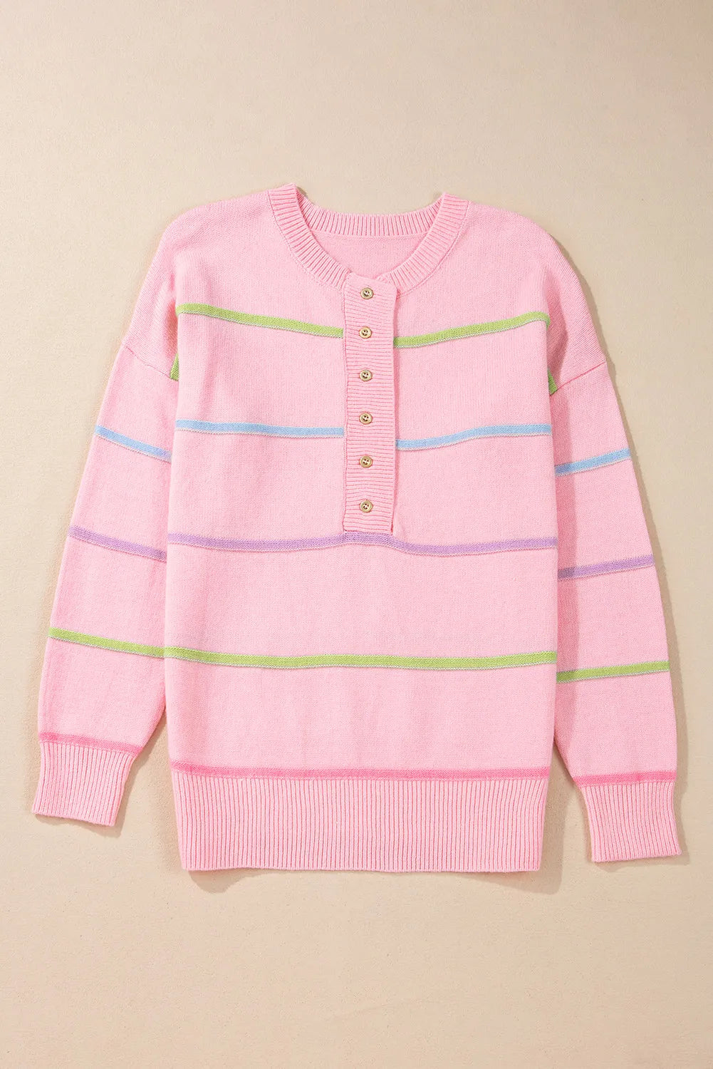 Contrast Striped Half Button Round Neck Sweater-TOPS / DRESSES-[Adult]-[Female]-Blush Pink-S-2022 Online Blue Zone Planet