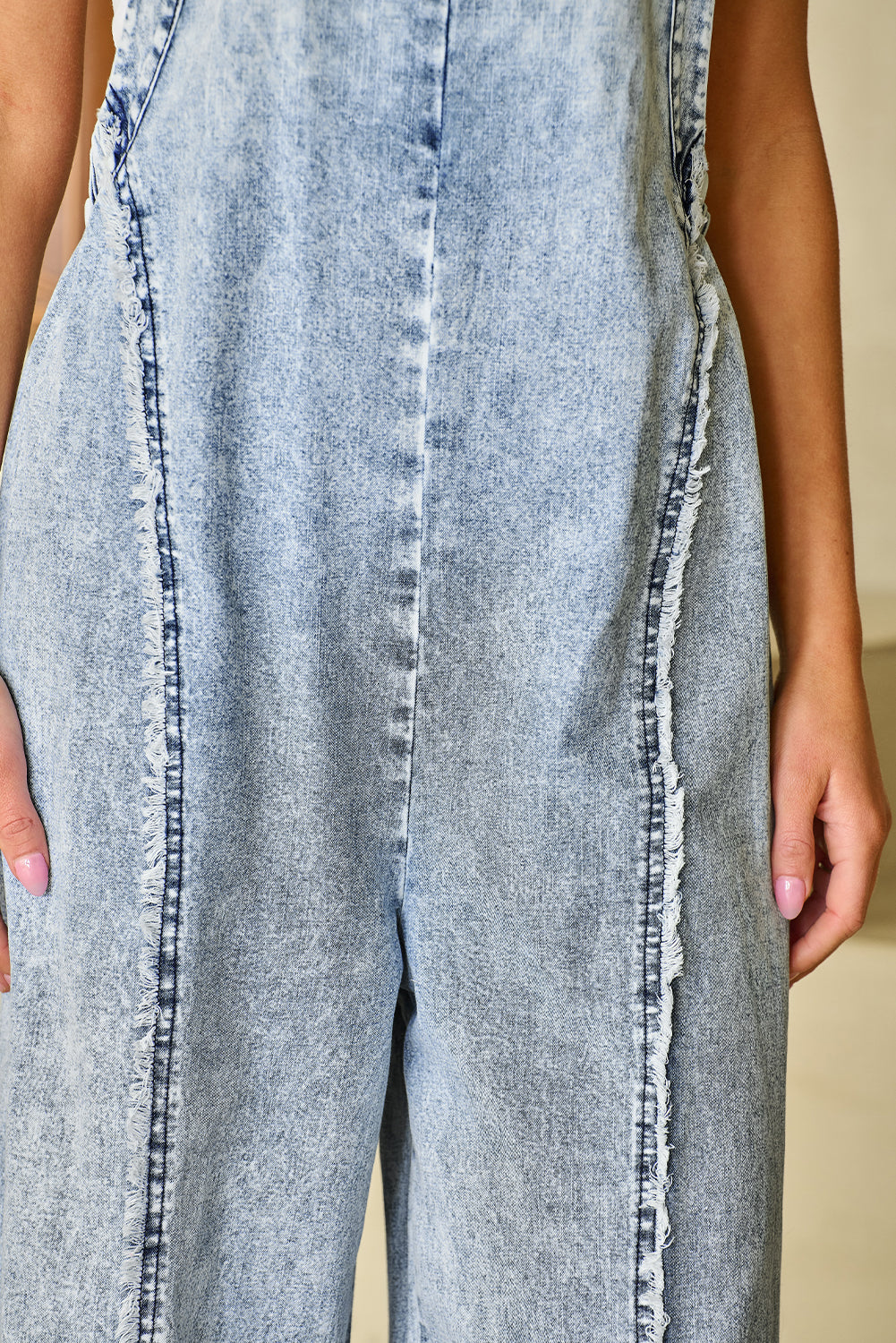 Beau Blue Light Wash Frayed Exposed Seam Wide Leg Denim Overall Blue Zone Planet