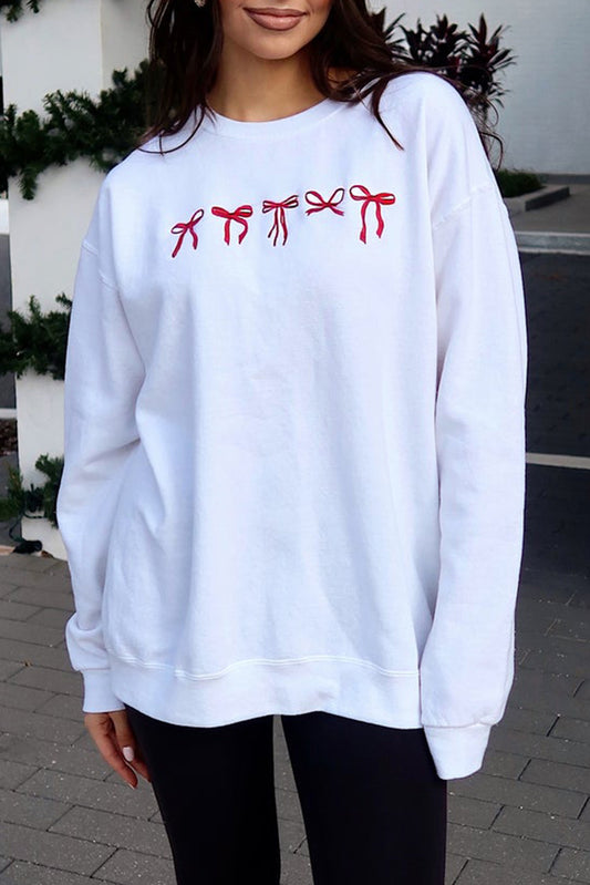 White Diverse Bow Embroidery Drop Shoulder Sweatshirt-Graphic/Graphic Sweatshirts-[Adult]-[Female]-White-S-2022 Online Blue Zone Planet