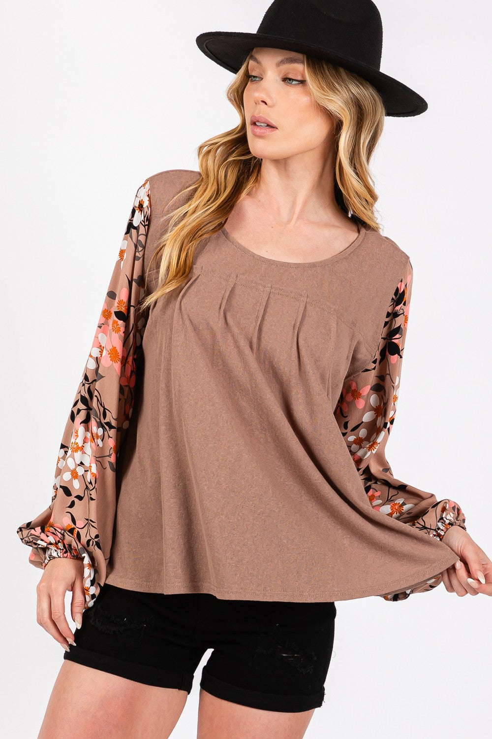 Blue Zone Planet | SAGE + FIG Floral Long Sleeve Front Pleated Detail Blouse-TOPS / DRESSES-[Adult]-[Female]-Brown-S-2022 Online Blue Zone Planet