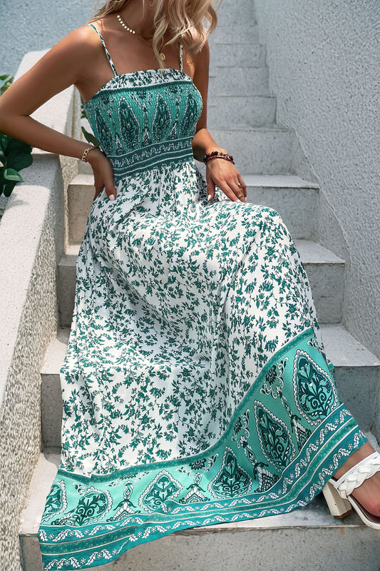 Green Boho Floral Print Shirred Cami Maxi Dress-Dresses/Maxi Dresses-[Adult]-[Female]-Green-S-2022 Online Blue Zone Planet