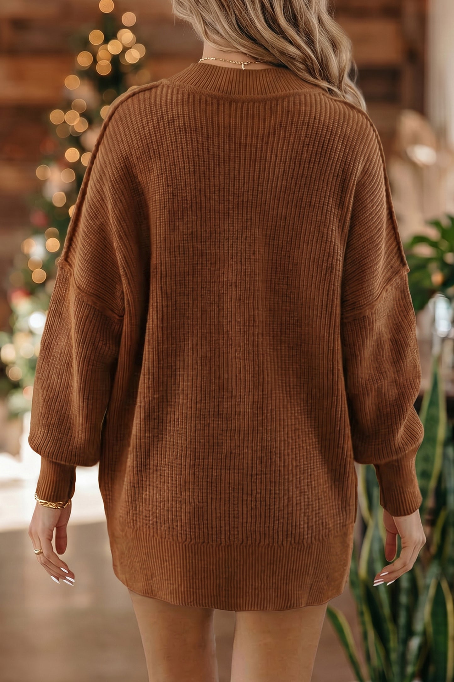 Chestnut Solid Color Mock Neck Oversized Tunic Sweater-Sweaters & Cardigans/Sweaters-[Adult]-[Female]-2022 Online Blue Zone Planet
