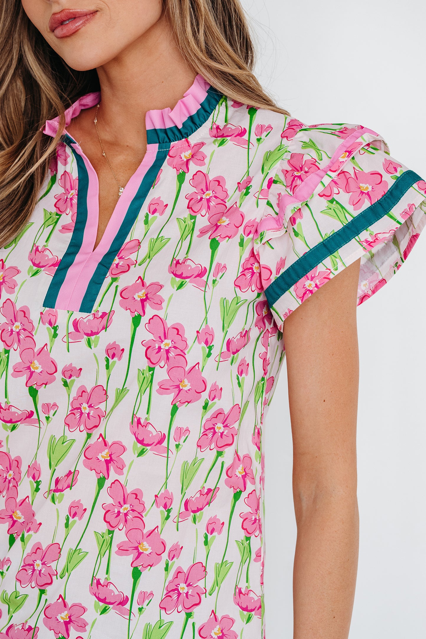 Pink Floral Print Contrast Trim V Neck Double Ruffled Short Sleeve Blouse-Tops/Blouses & Shirts-[Adult]-[Female]-2022 Online Blue Zone Planet