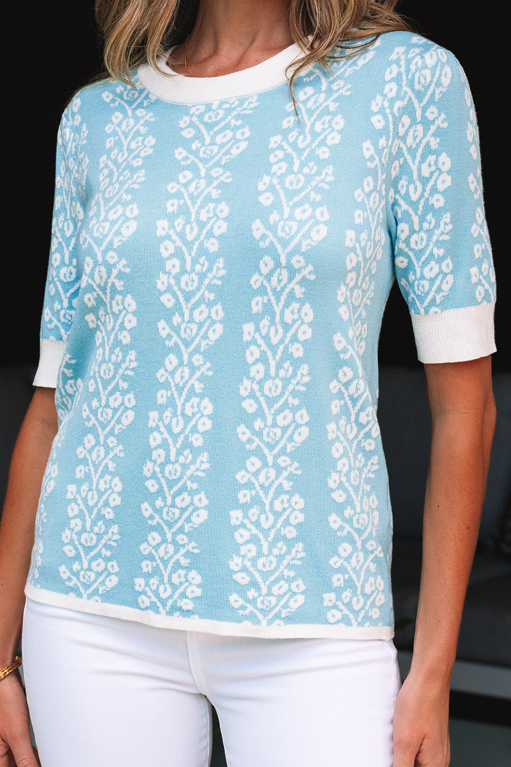 Sky Blue Contrast Floral Crewneck Short Sleeve Sweater-TOPS / DRESSES-[Adult]-[Female]-2022 Online Blue Zone Planet