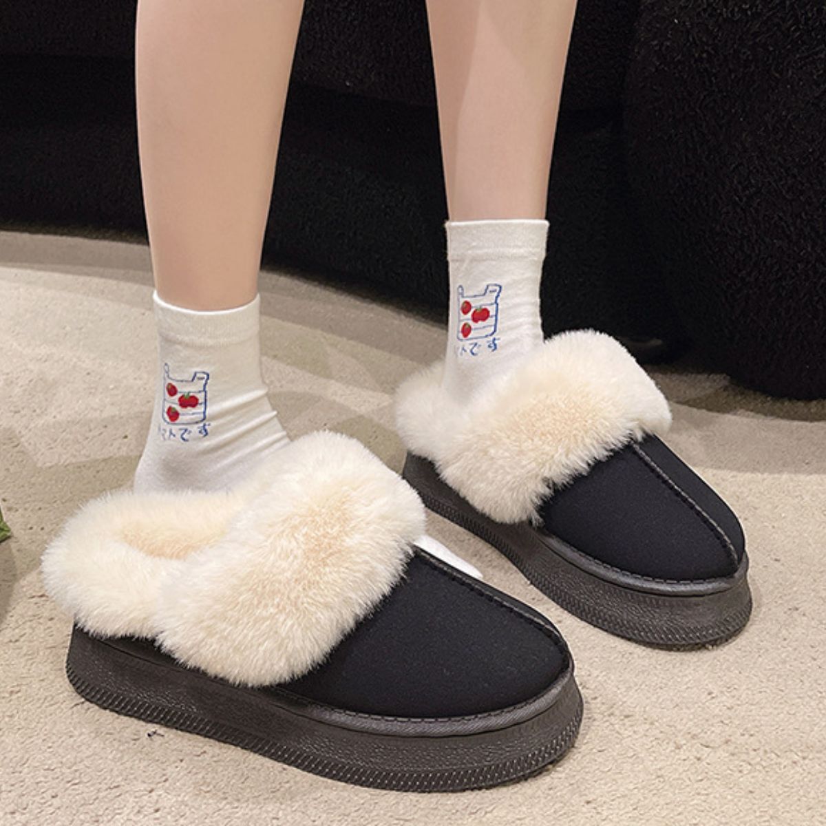 Blue Zone Planet | Suede Faux Fur Round Toe Platform Slippers-SHOES-[Adult]-[Female]-2022 Online Blue Zone Planet