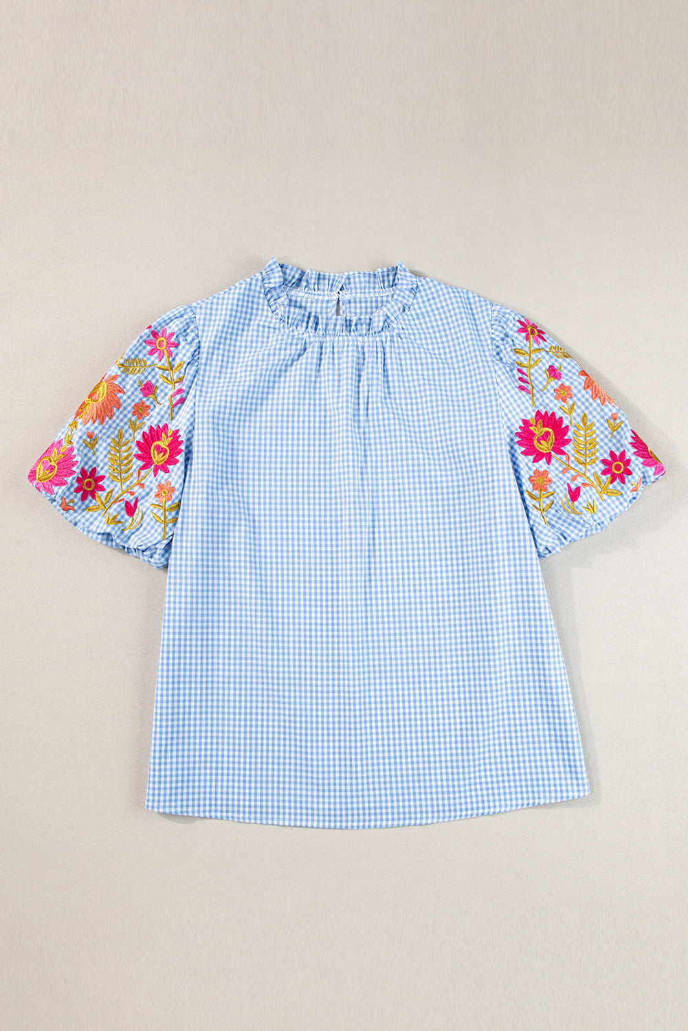 Light Blue Gingham Floral Embroidered Puff Sleeve Blouse Blue Zone Planet