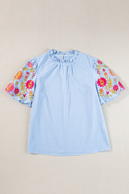 Light Blue Gingham Floral Embroidered Puff Sleeve Blouse Blue Zone Planet