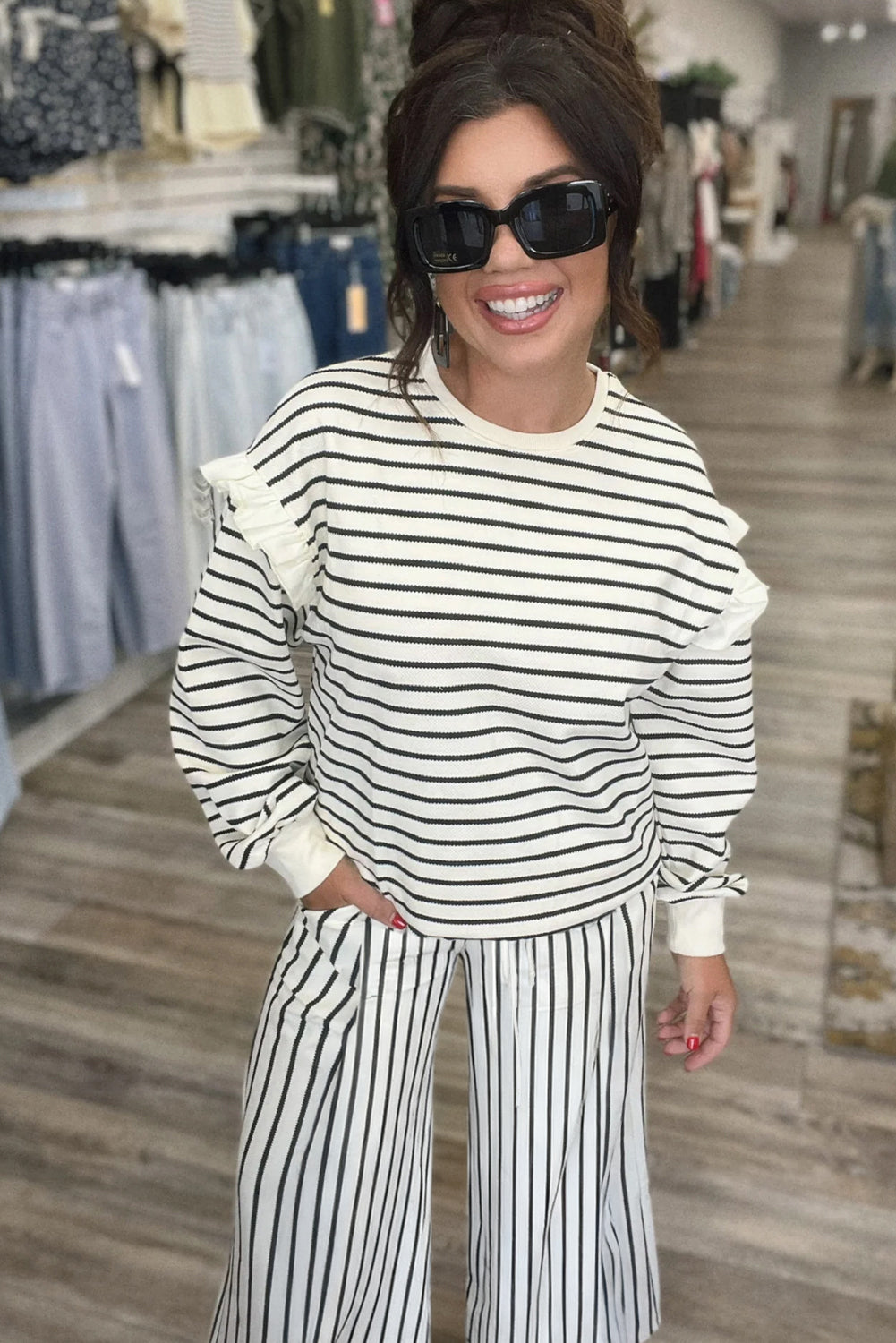 White Stripe Ruffle Trim Drop Shoulder Top Drawstring Loose Pant Set-Two Piece Sets/Pant Sets-[Adult]-[Female]-2022 Online Blue Zone Planet