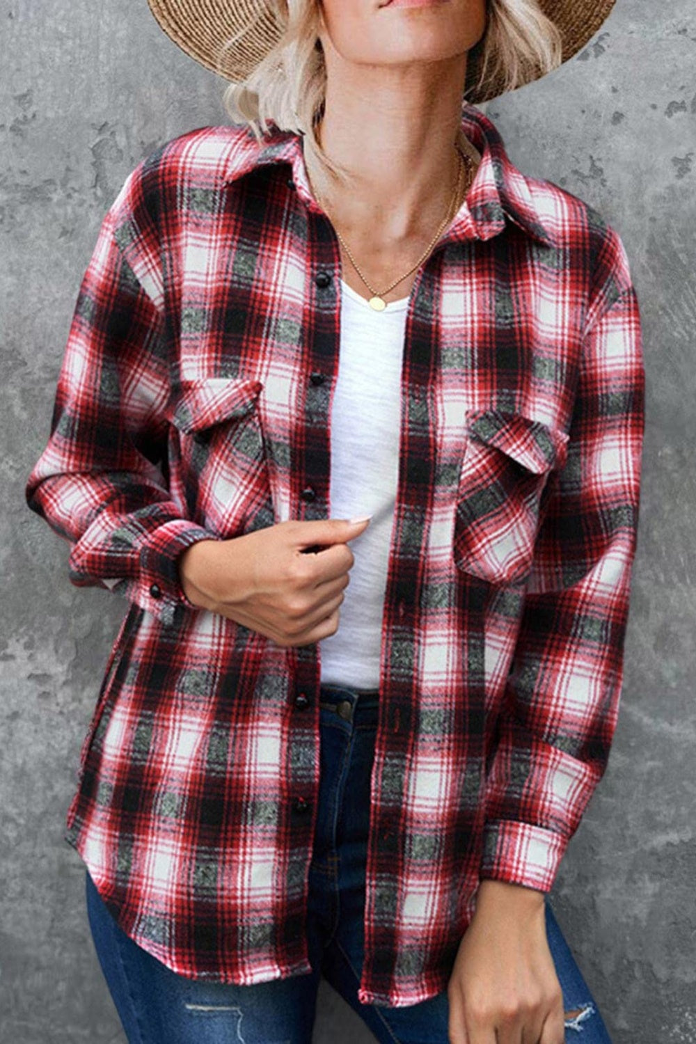 Full Size Plaid Collared Neck Long Sleeve Shirt-TOPS / DRESSES-[Adult]-[Female]-2022 Online Blue Zone Planet