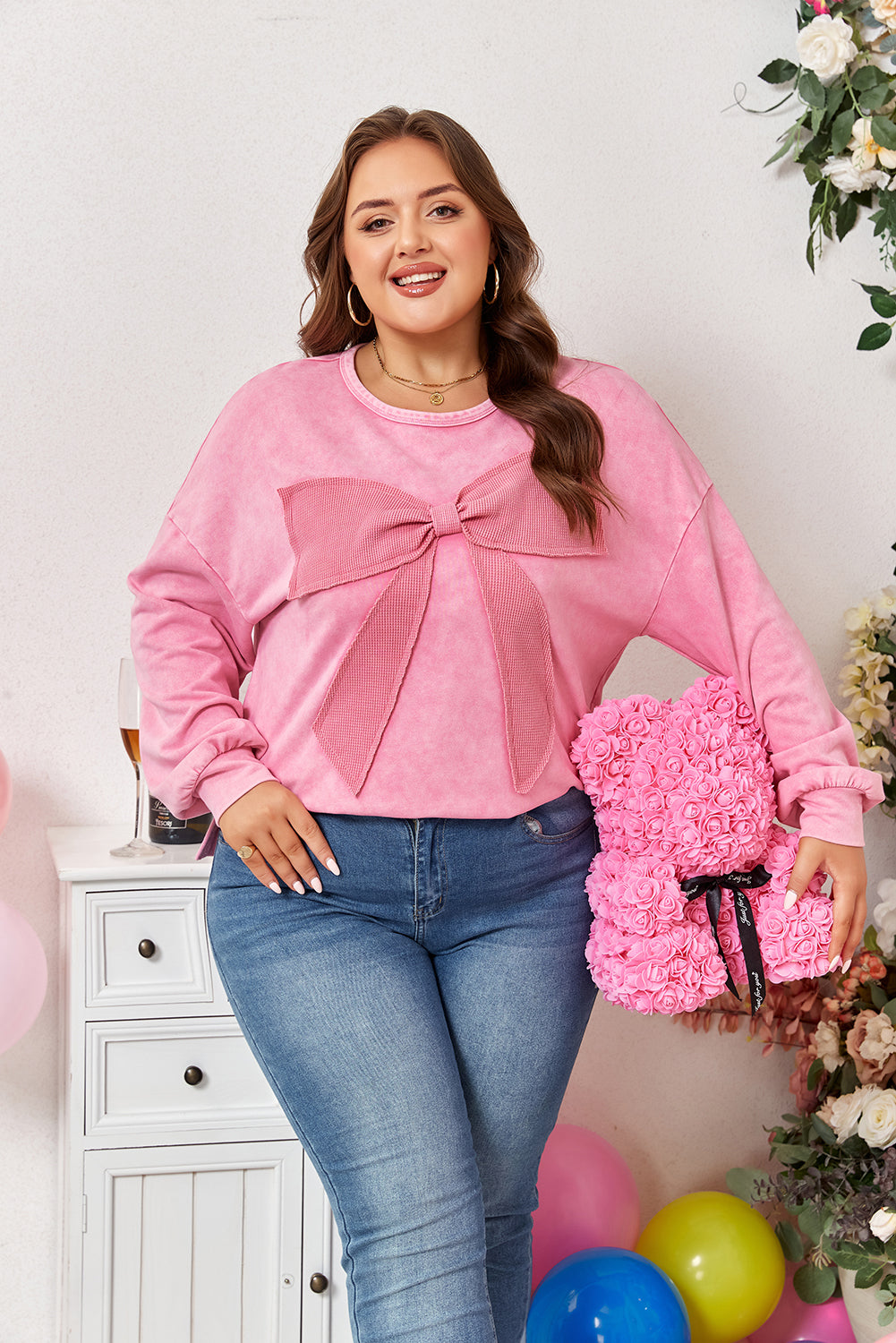 Bonbon Waffle Bowknot Patchwork Graphic Mineral Wash Plus Size Sweatshirt-Plus Size/Plus Size Sweatshirts & Hoodies-[Adult]-[Female]-2022 Online Blue Zone Planet