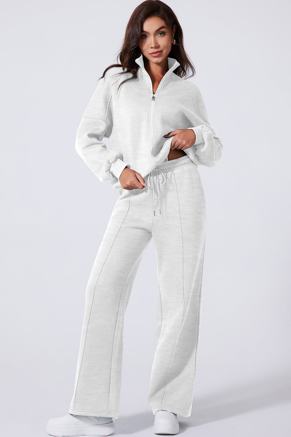 Light Grey Drop Shoulder Zip Up Jacket Drawstring Pants Active 2pcs Set-Activewear/Activewear Sets-[Adult]-[Female]-2022 Online Blue Zone Planet